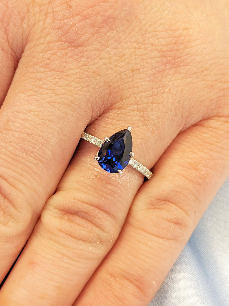 Pear Cut Lab Sapphire Engagement Ring, 14k White Gold Promise Rings for Women, Diamond Half Eternity Ring, Blue Sapphire Ring, Bridal Gift