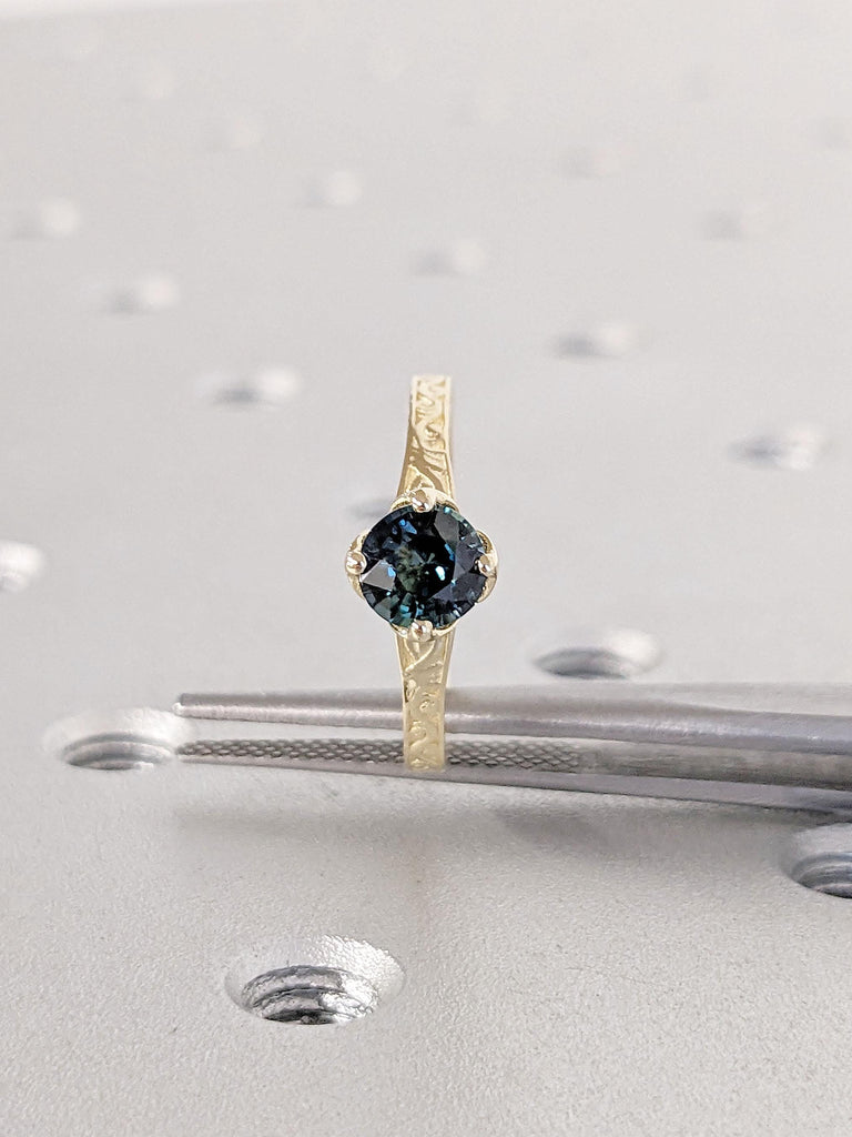 Art Deco Teal Sapphire Solitaire Engagement Ring | 14k Gold Rings for Women | Vintage Filigree Promise Ring