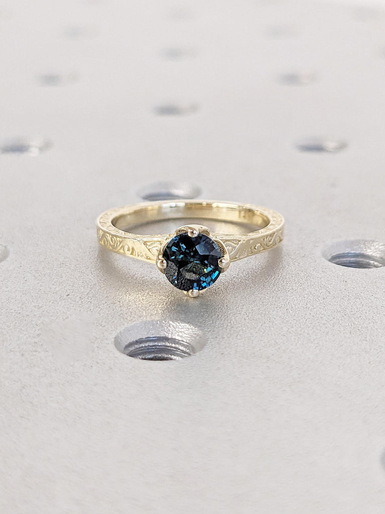 Vintage Tulip Engagement Ring | Natural Teal Sapphire Solitaire | 14k Gold Petal Prong Set Flower Basket Setting Engagement Filigree Ring