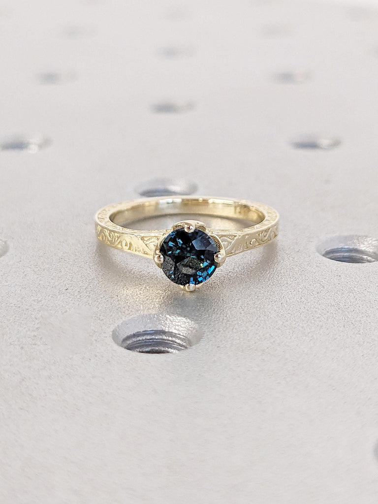 0.5ct Blue Green Sapphire Bridal Ring | Vintage Tulip Floral Engagement Ring | Handmade Filigree Wedding Band | Nature Inspired Promise Ring