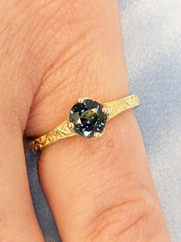 Vintage Tulip Engagement Ring | Natural Teal Sapphire Solitaire | 14k Gold Petal Prong Set Flower Basket Setting Engagement Filigree Ring