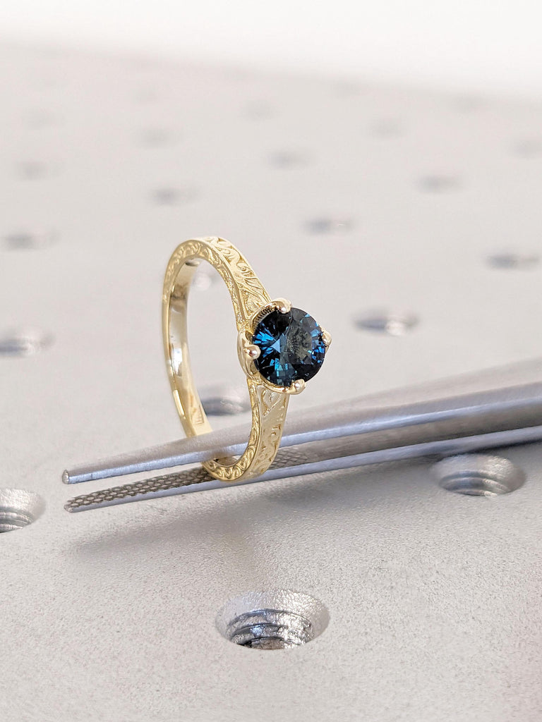 Vintage Tulip Engagement Ring | Natural Teal Sapphire Solitaire | 14k Gold Petal Prong Set Flower Basket Setting Engagement Filigree Ring