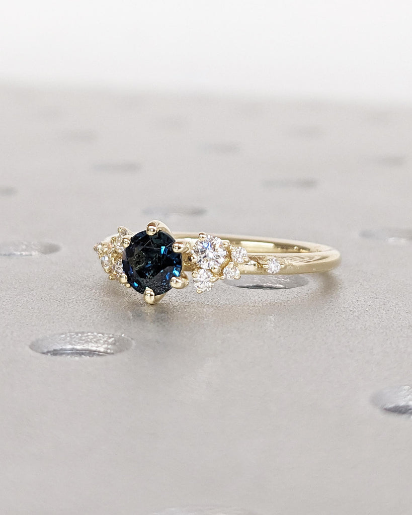 Peacock Sapphire Engagement Ring Vintage Round Cut Blue Green Sapphire White Gold Teal Sapphire Diamond Cluster Ring Moissanite Anniversary