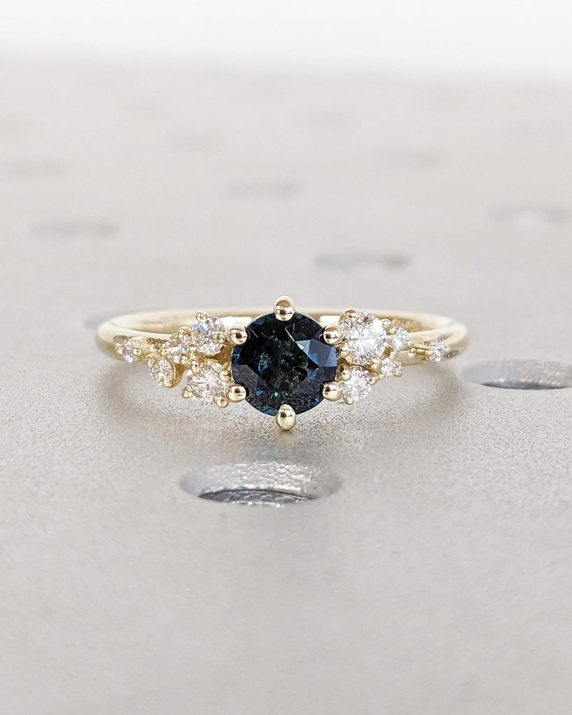 Peacock Sapphire Engagement Ring Vintage Round Cut Blue Green Sapphire White Gold Teal Sapphire Diamond Cluster Ring Moissanite Anniversary