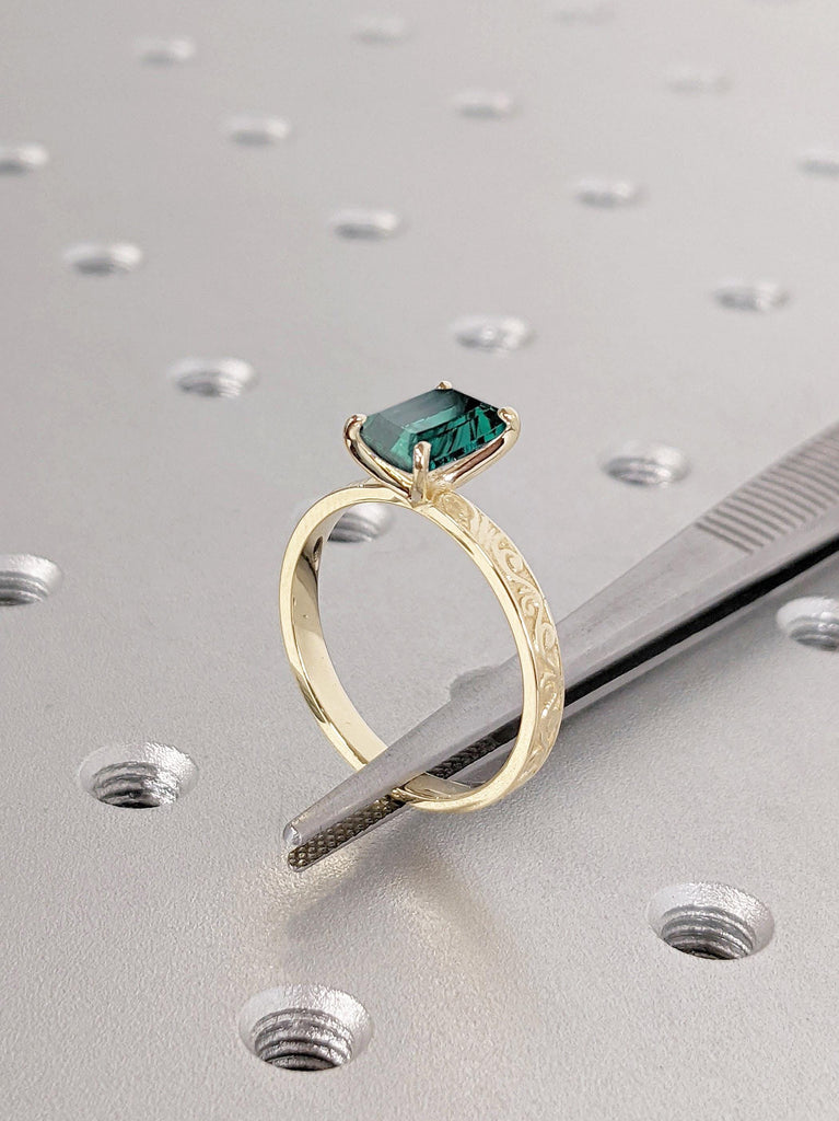 Emerald cut Lab Emerald 14K Yellow Gold Filigree Women Wedding Band