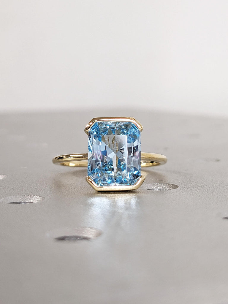 Lab Aquamarine Ring, 14k Yellow Gold Solitaire Ring, Radiant Cut Blue Aquamarine Ring, Floating Bezel Proposal Ring, Birthday Gift for Mom