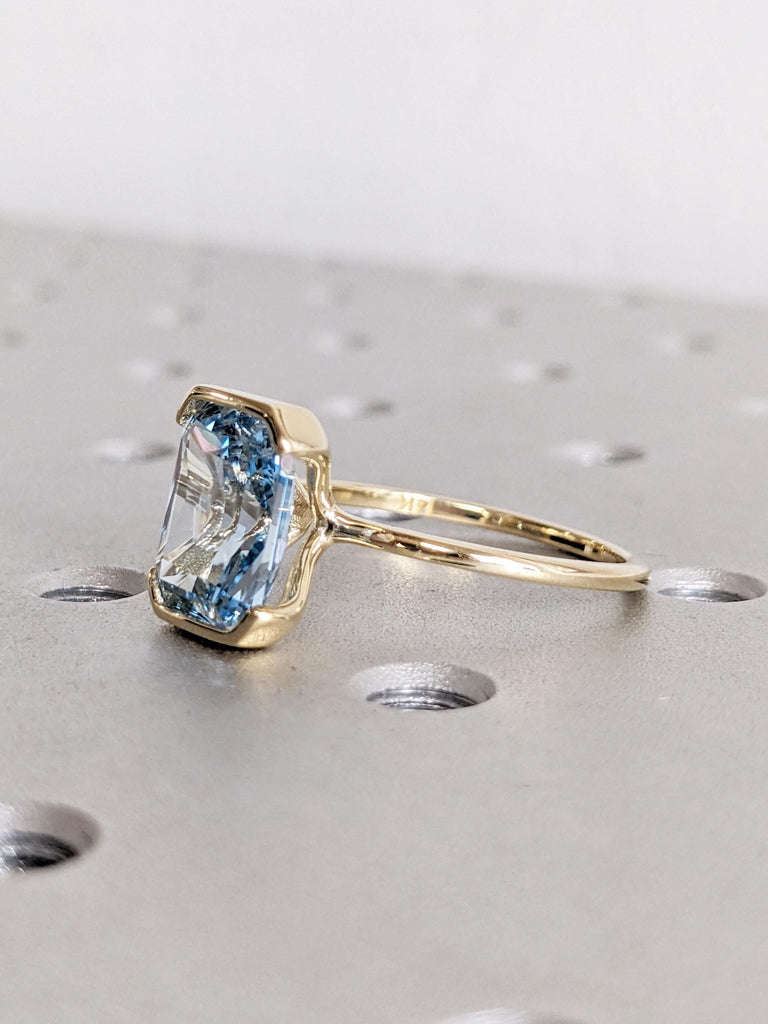 Lab Aquamarine Ring, 14k Yellow Gold Solitaire Ring, Radiant Cut Blue Aquamarine Ring, Floating Bezel Proposal Ring, Birthday Gift for Mom