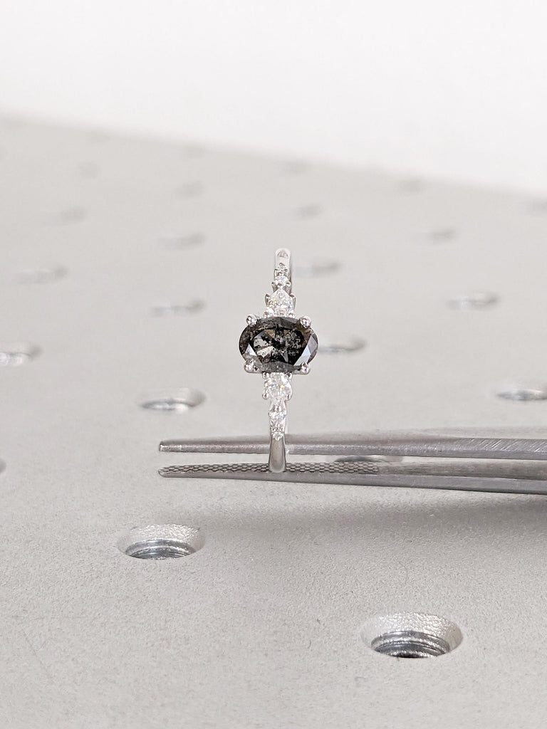 Salt and Pepper Diamond Ring | 18k White Gold Diamond Ring | Unique Anniversary Ring | Art Deco Engagement Rings | Wedding Anniversary Gift