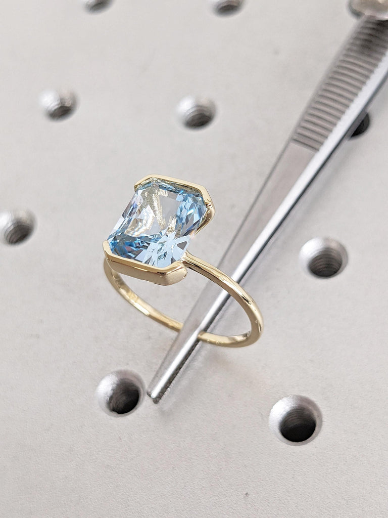 Lab Aquamarine Ring, 14k Yellow Gold Solitaire Ring, Radiant Cut Blue Aquamarine Ring, Floating Bezel Proposal Ring, Birthday Gift for Mom