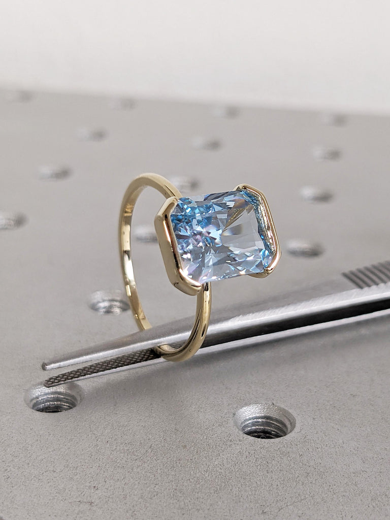 Lab Aquamarine Ring, 14k Yellow Gold Solitaire Ring, Radiant Cut Blue Aquamarine Ring, Floating Bezel Proposal Ring, Birthday Gift for Mom