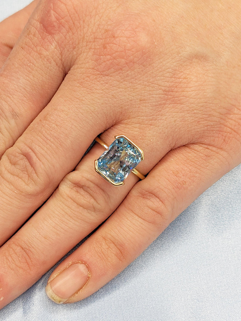 Lab Aquamarine Ring, 14k Yellow Gold Solitaire Ring, Radiant Cut Blue Aquamarine Ring, Floating Bezel Proposal Ring, Birthday Gift for Mom