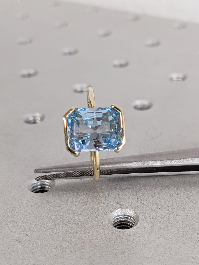 Lab Aquamarine Ring, 14k Yellow Gold Solitaire Ring, Radiant Cut Blue Aquamarine Ring, Floating Bezel Proposal Ring, Birthday Gift for Mom