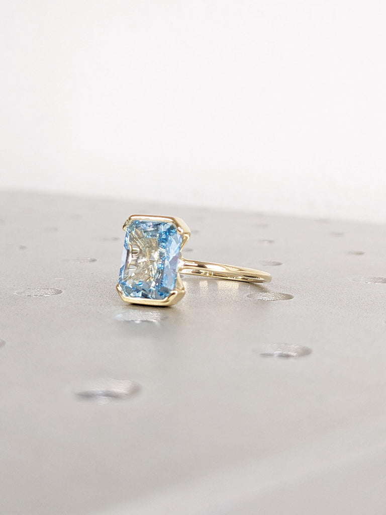 Lab Aquamarine Ring, 14k Yellow Gold Solitaire Ring, Radiant Cut Blue Aquamarine Ring, Floating Bezel Proposal Ring, Birthday Gift for Mom