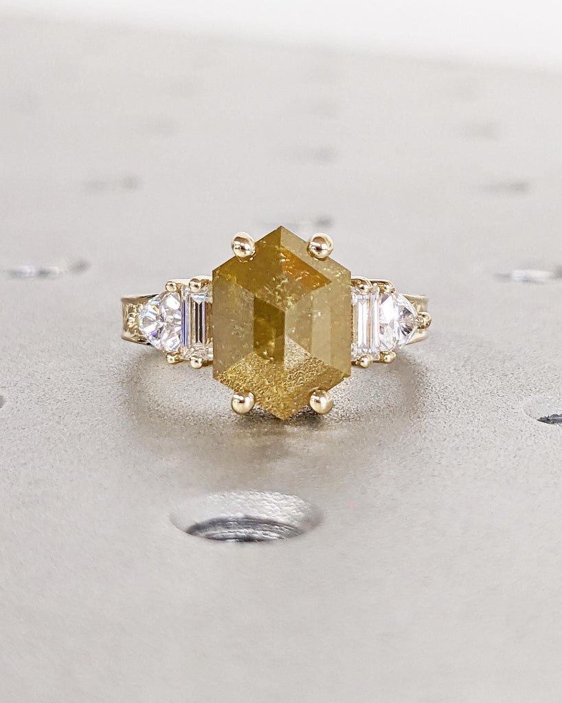Art Deco Hexagon Cut Salt and Pepper Diamond Engagement Ring, Yellow Salt and Pepper Diamond Ring with side Trillions and Baguettes Art Deco Bridal Ring, 14K Yellow Gold Ring, Solid Gold Ring