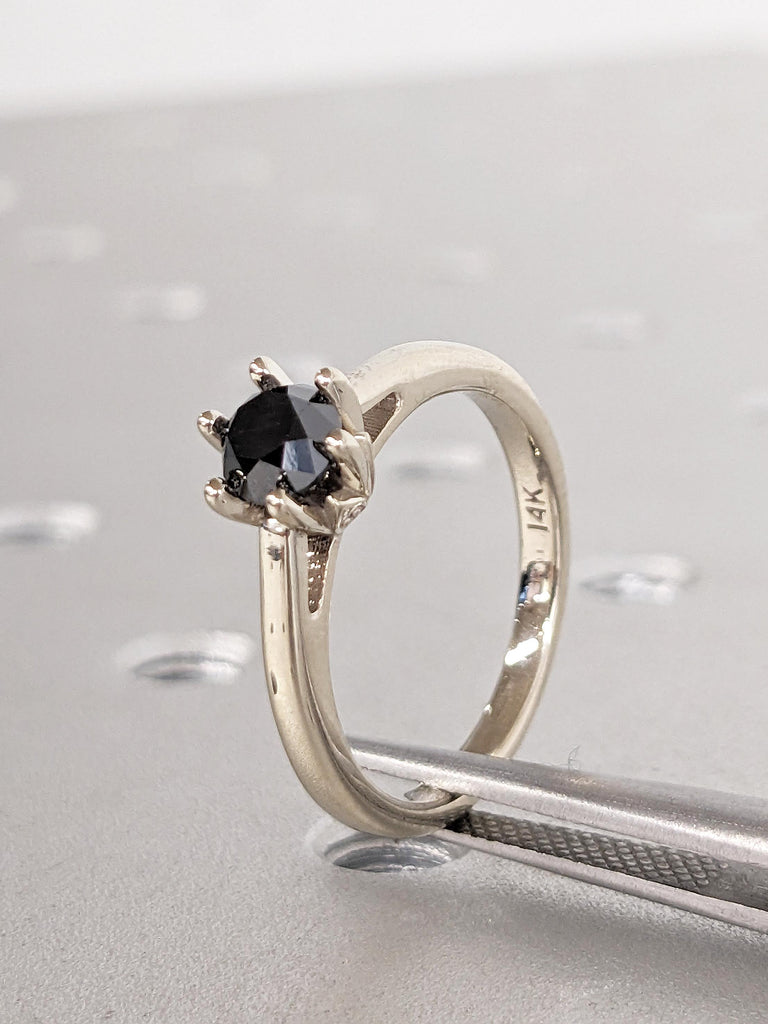 Solitaire Round Black Diamond Engagement Ring | 14k White Gold Wedding Band | Nature Inspired Hidden Diamond Ring | Unique Anniversary Rings