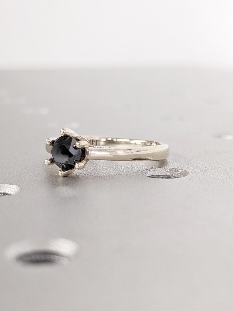 Solitaire Round Black Diamond Engagement Ring | 14k White Gold Wedding Band | Nature Inspired Hidden Diamond Ring | Unique Anniversary Rings