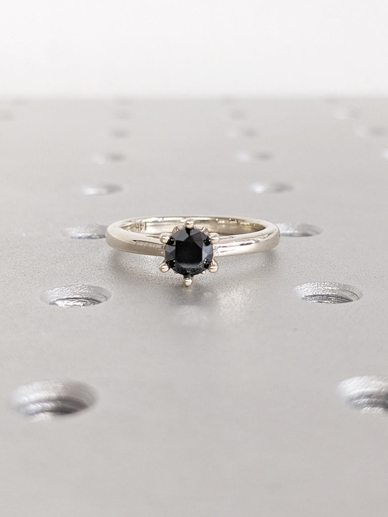 Solitaire Round Black Diamond Engagement Ring | 14k White Gold Wedding Band | Nature Inspired Hidden Diamond Ring | Unique Anniversary Rings