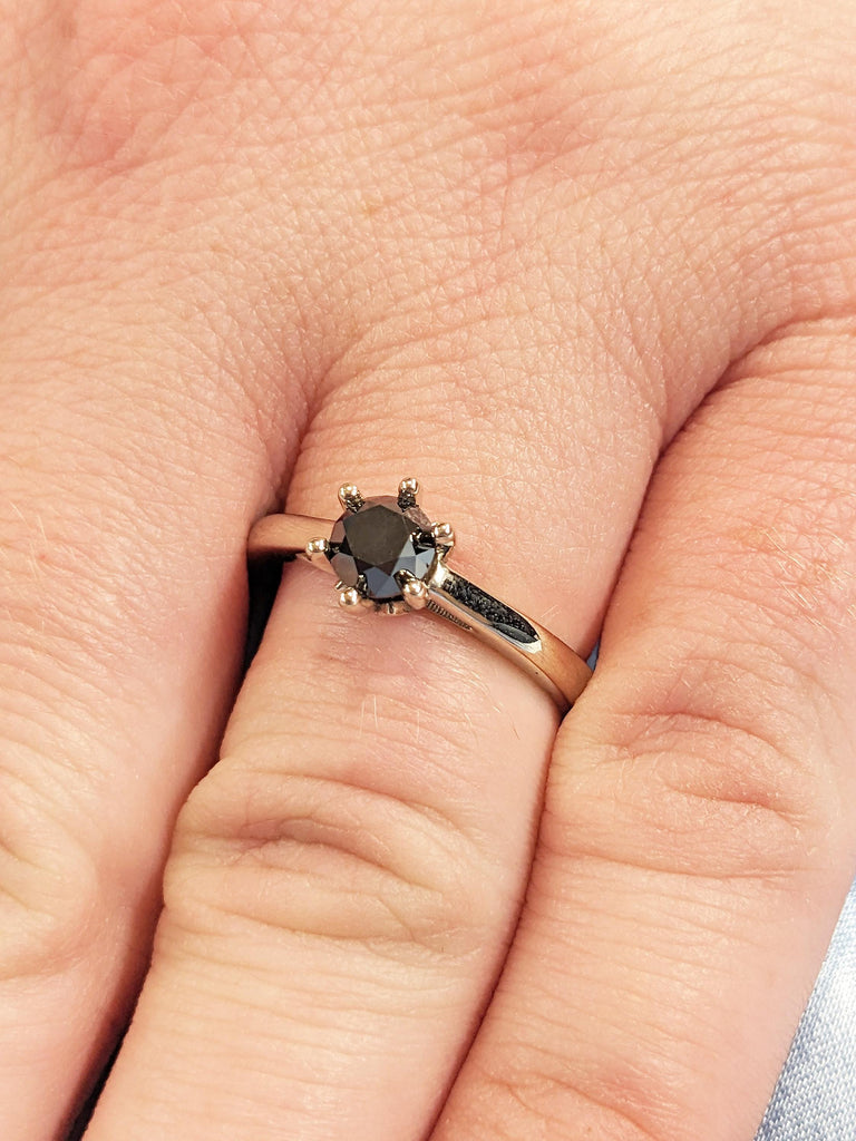 Solitaire Round Black Diamond Engagement Ring | 14k White Gold Wedding Band | Nature Inspired Hidden Diamond Ring | Unique Anniversary Rings