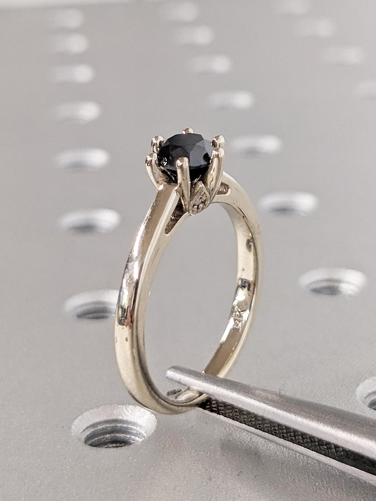 Solitaire Round Black Diamond Engagement Ring | 14k White Gold Wedding Band | Nature Inspired Hidden Diamond Ring | Unique Anniversary Rings