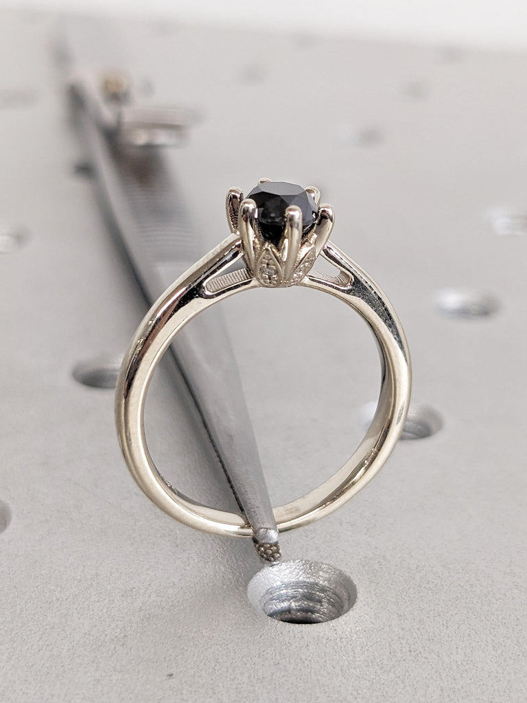 Solitaire Round Black Diamond Engagement Ring | 14k White Gold Wedding Band | Nature Inspired Hidden Diamond Ring | Unique Anniversary Rings