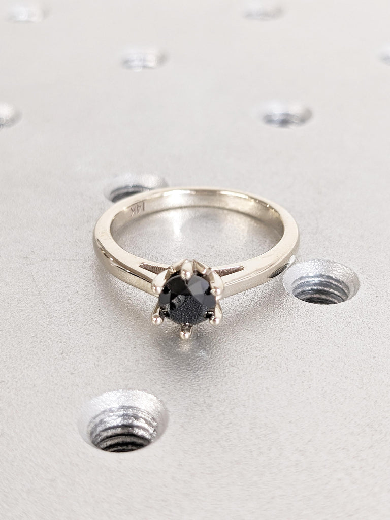 Solitaire Round Black Diamond Engagement Ring | 14k White Gold Wedding Band | Nature Inspired Hidden Diamond Ring | Unique Anniversary Rings