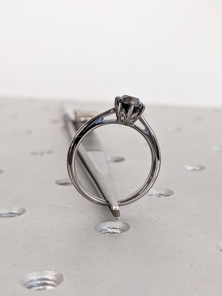 14k Black Gold Wedding Rings for Women | Vintage Round Black Diamond Ring | Hidden Diamond Anniversary Ring | Minimalist Ring | Gift for Her