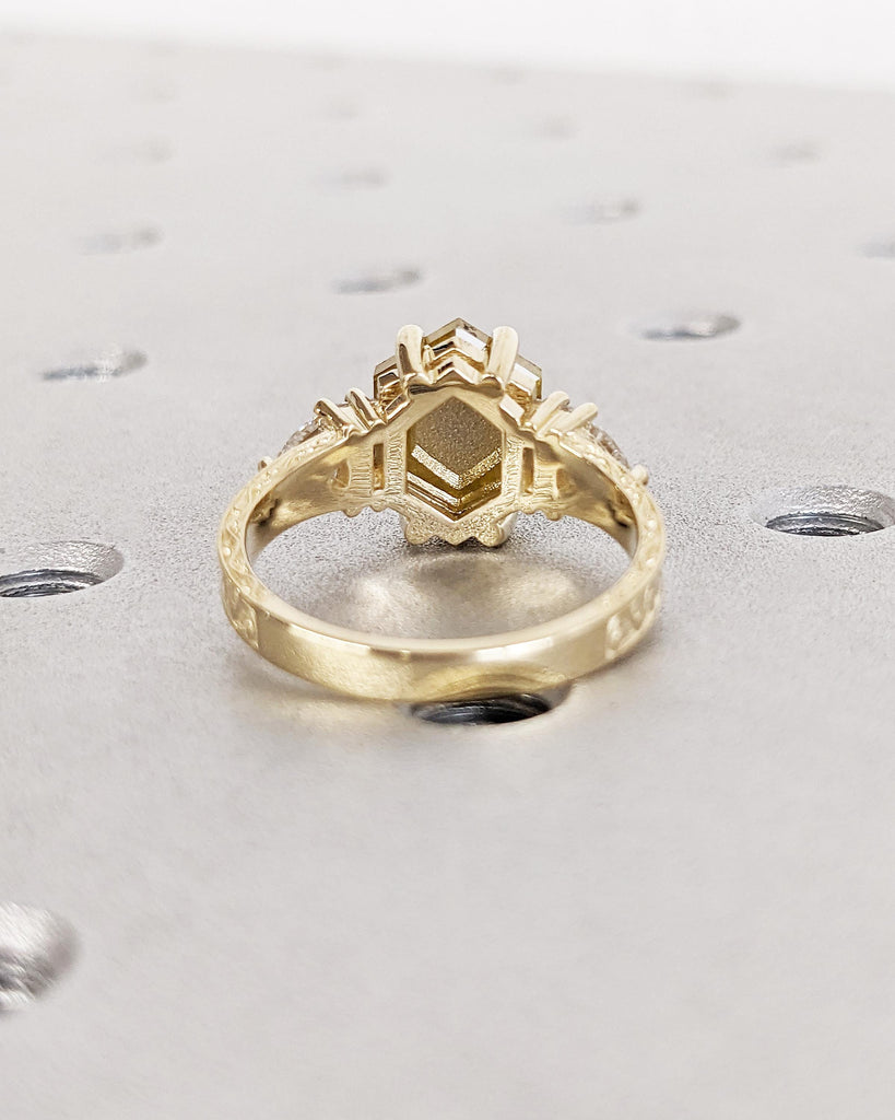 Unique Hexagon cut Diamond Engagement Ring for Women | Yellow Gemstone Ring | Natural Salt and Pepper Diamond Ring | Handmade Bridal Jewelry