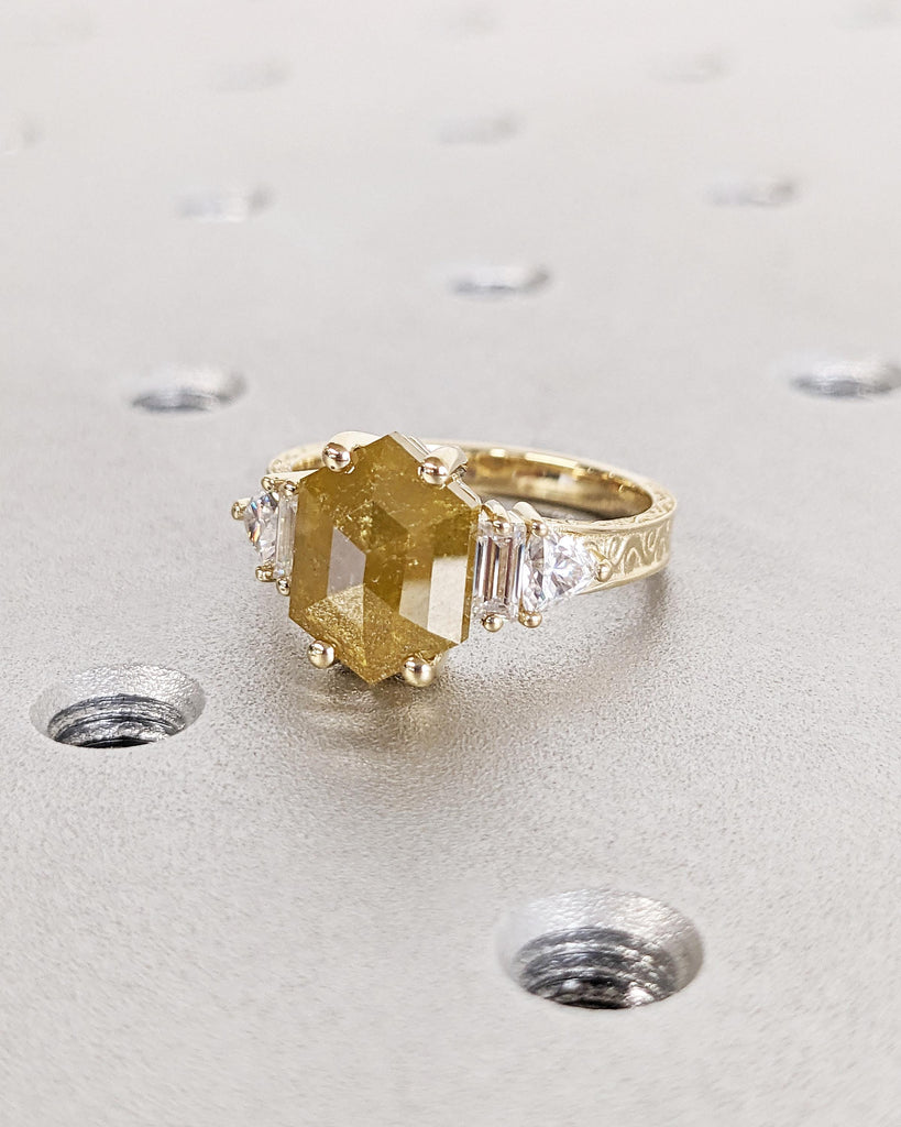 Unique Hexagon cut Diamond Engagement Ring for Women | Yellow Gemstone Ring | Natural Salt and Pepper Diamond Ring | Handmade Bridal Jewelry