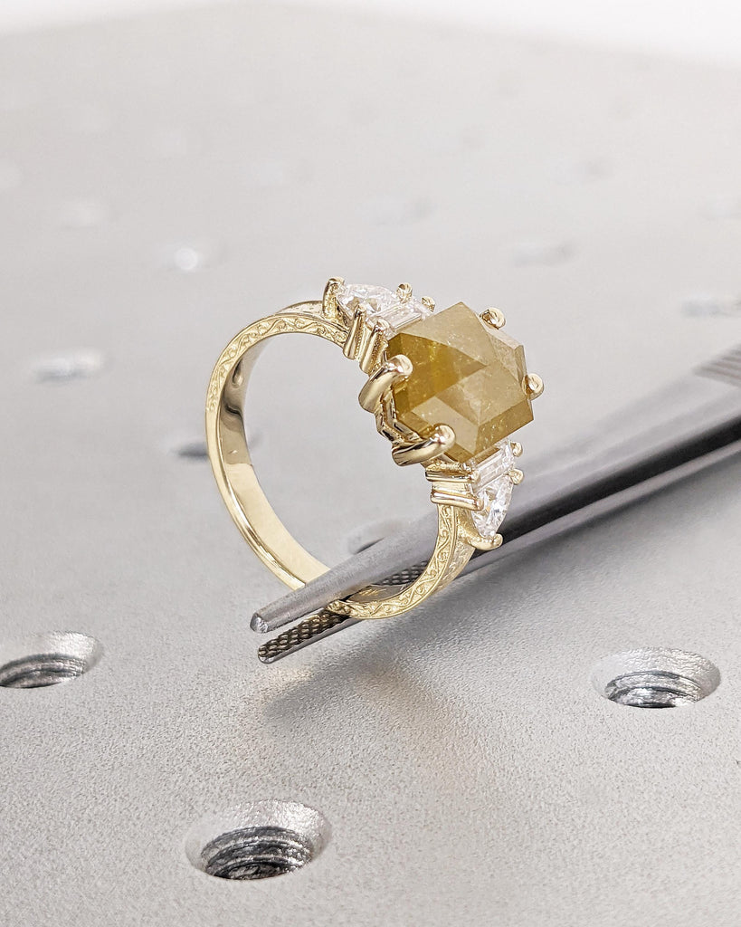 Unique Hexagon cut Diamond Engagement Ring for Women | Yellow Gemstone Ring | Natural Salt and Pepper Diamond Ring | Handmade Bridal Jewelry