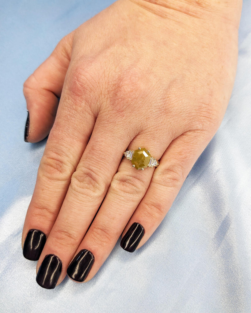 Vintage 14K Gold Salt and Pepper Diamond Engagement Ring, Natural Yellow Salt and Pepper Diamond Ring, Hexagon Trillion Baguette Bridal Ring