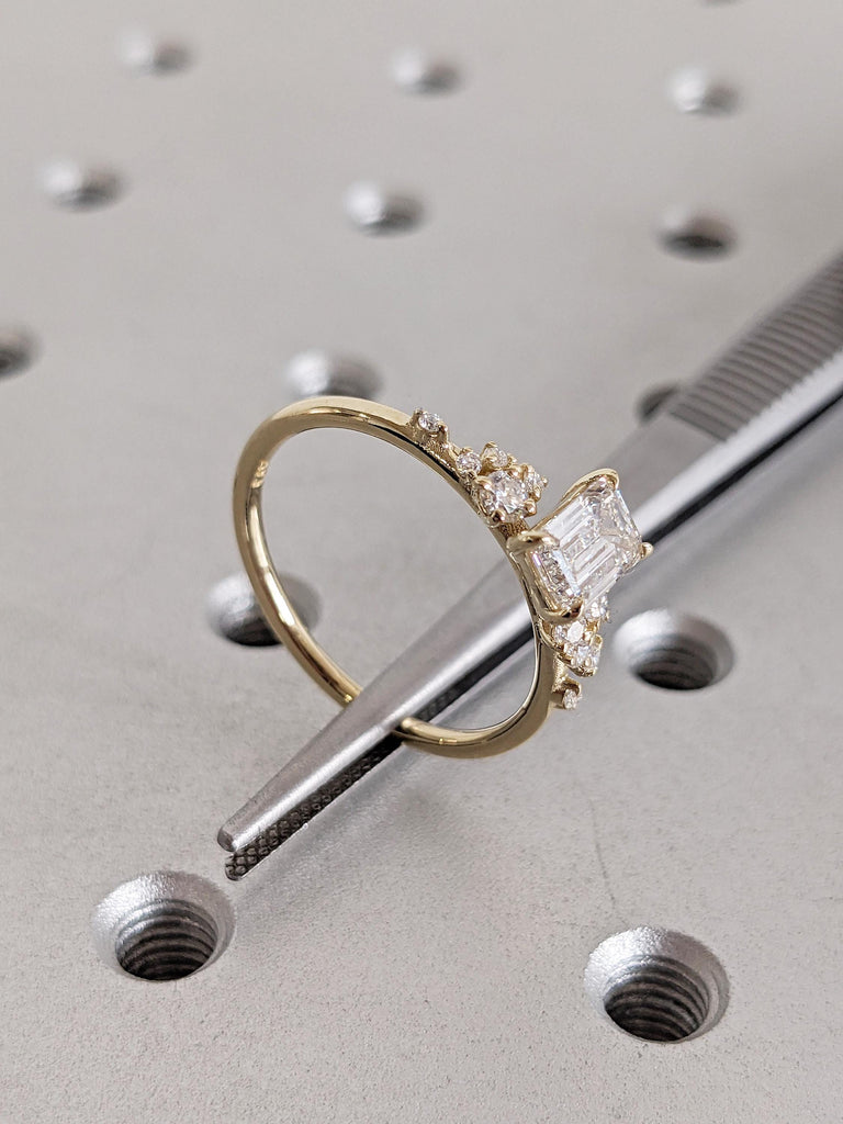 Art Deco Moissanite Ring, 14K Yellow Gold Wedding Rings for Women, Emerald Cut Promise Ring, Snowdrift Diamond Cluster Ring, Gift for Women