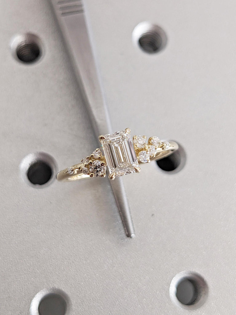 Art Deco Moissanite Ring, 14K Yellow Gold Wedding Rings for Women, Emerald Cut Promise Ring, Snowdrift Diamond Cluster Ring, Gift for Women