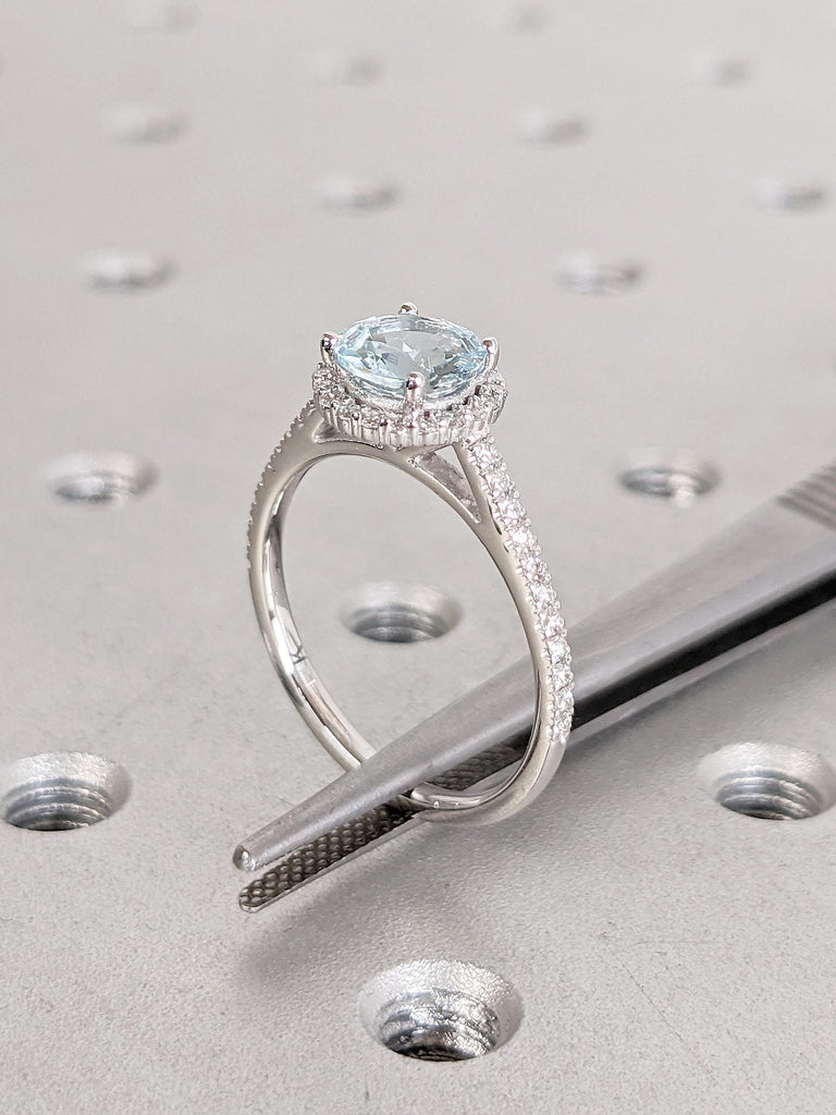 Round Cut Lab Aquamarine Engagement Ring, 14k White Gold Women Comfort Fit Wedding Band, Art Deco Aquamarine Ring, Diamond Halo Promise Ring