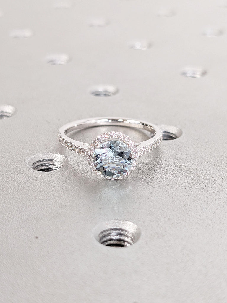 Vintage Lab Aquamarine Ring, Half Eternity 14k White Gold Comfort Fit Rings, Unique Moissanite or Diamond Halo Wedding Ring, Gift for Wife