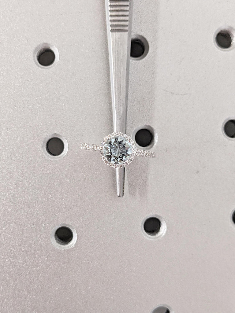 Vintage Lab Aquamarine Ring, Half Eternity 14k White Gold Comfort Fit Rings, Unique Moissanite or Diamond Halo Wedding Ring, Gift for Wife