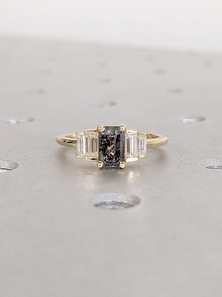 Art Deco Salt and Pepper Black Diamond Engagement Ring - 5 Stones Baguette Ring | Gold Wedding Ring Women | Vintage Diamond Ring, Promise Ring By Braverman Jewelry