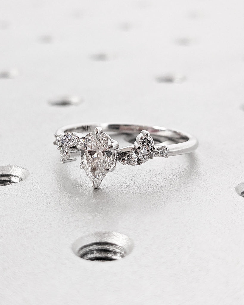 Tear Drop Moissanite Ring | 14k Gold Engagement Ring for Her | Art Nouveau Promise Ring | VVS Moissanite Multi Stone Ring | Handmade Ring