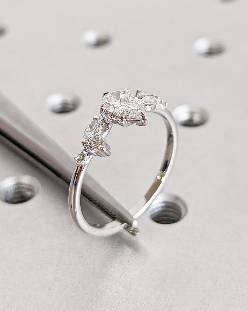 Tear Drop Moissanite Ring | 14k Gold Engagement Ring for Her | Art Nouveau Promise Ring | VVS Moissanite Multi Stone Ring | Handmade Ring