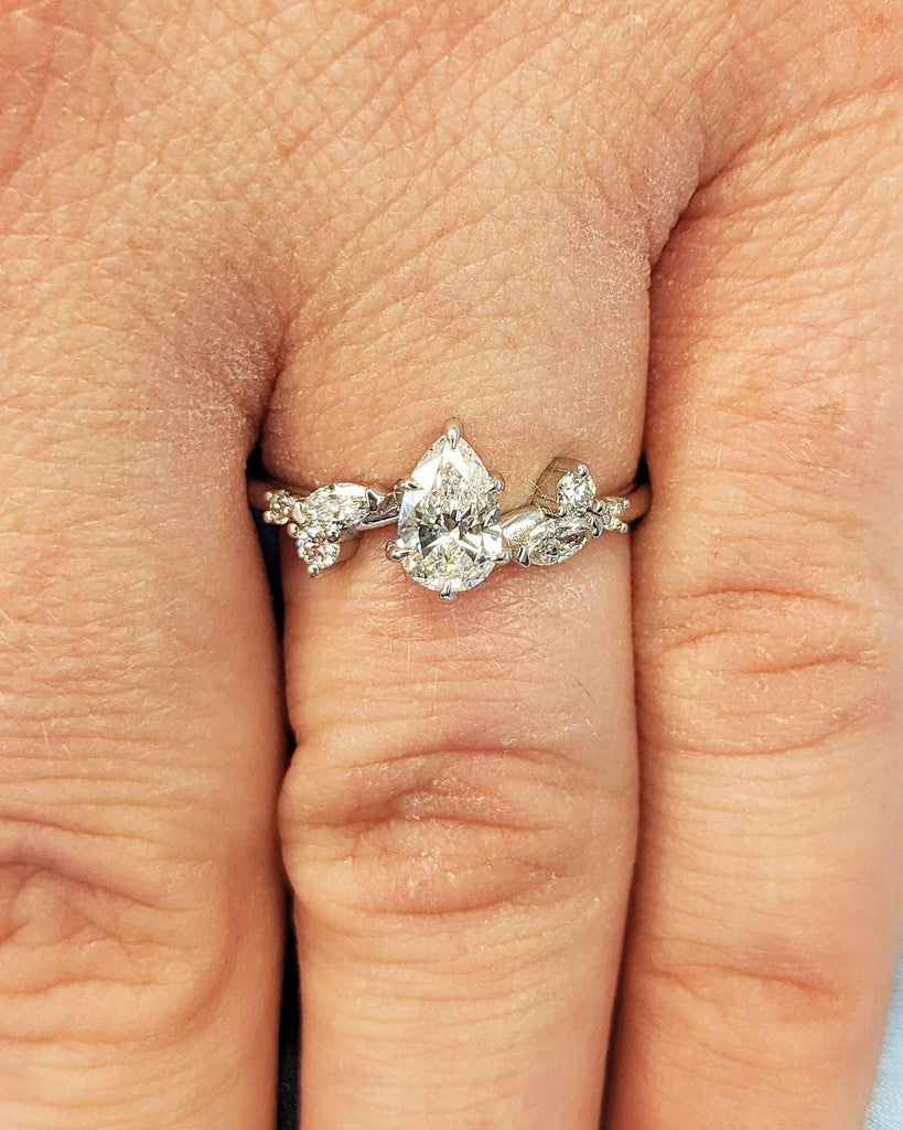 Tear Drop Moissanite Ring | 14k Gold Engagement Ring for Her | Art Nouveau Promise Ring | VVS Moissanite Multi Stone Ring | Handmade Ring
