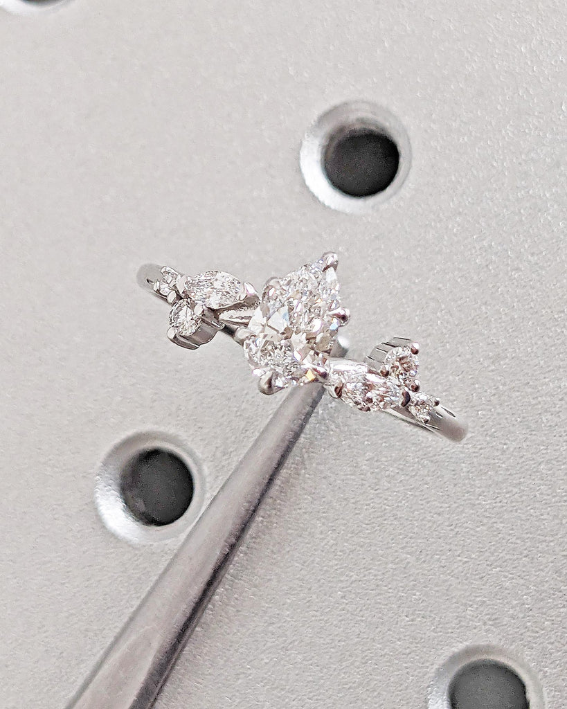 Tear Drop Moissanite Ring | 14k Gold Engagement Ring for Her | Art Nouveau Promise Ring | VVS Moissanite Multi Stone Ring | Handmade Ring
