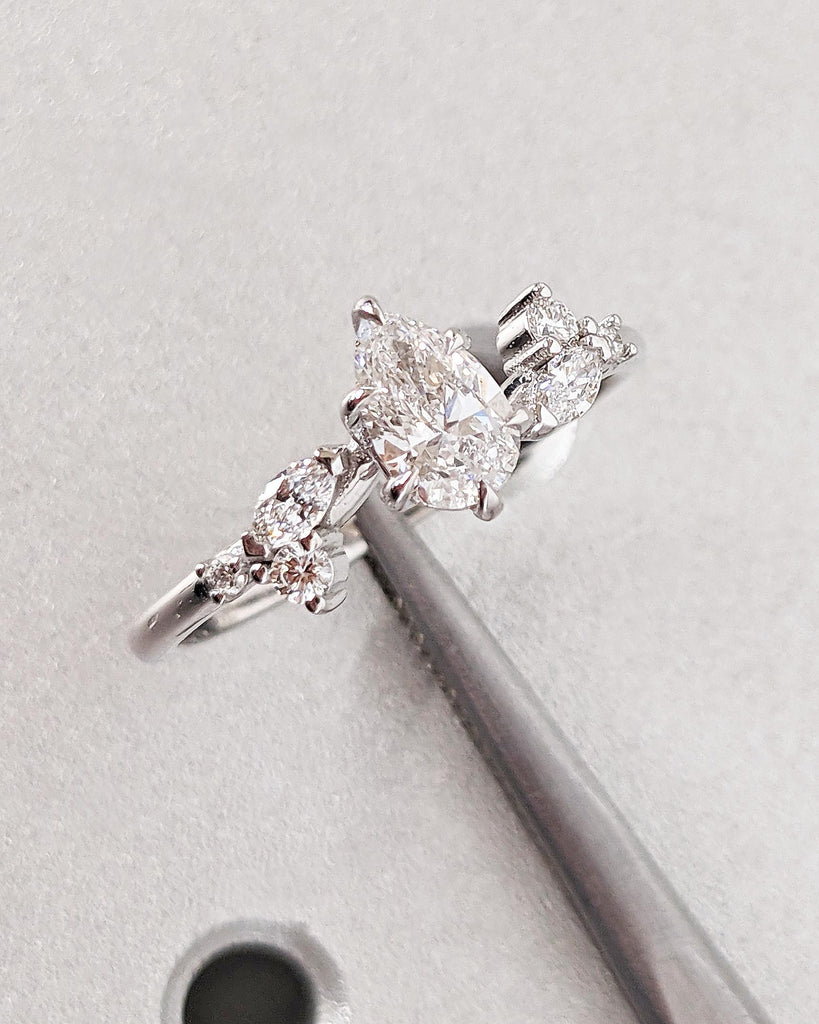 Tear Drop Moissanite Ring | 14k Gold Engagement Ring for Her | Art Nouveau Promise Ring | VVS Moissanite Multi Stone Ring | Handmade Ring