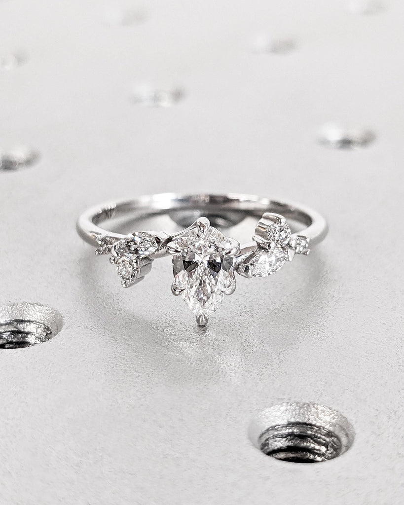 Tear Drop Moissanite Ring | 14k Gold Engagement Ring for Her | Art Nouveau Promise Ring | VVS Moissanite Multi Stone Ring | Handmade Ring