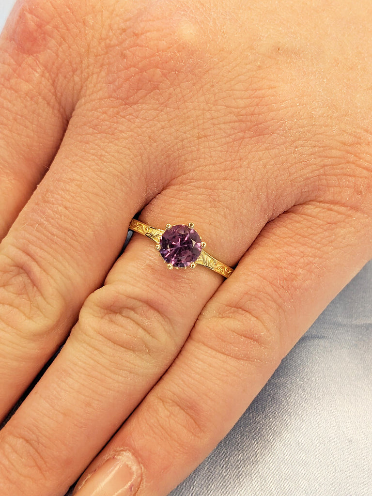Filigree 14k Yellow Gold Wedding Band | Unique Lab Alexandrite Anniversary Ring | Art Deco Promise Rings for Women | Birthday Gift for Wife