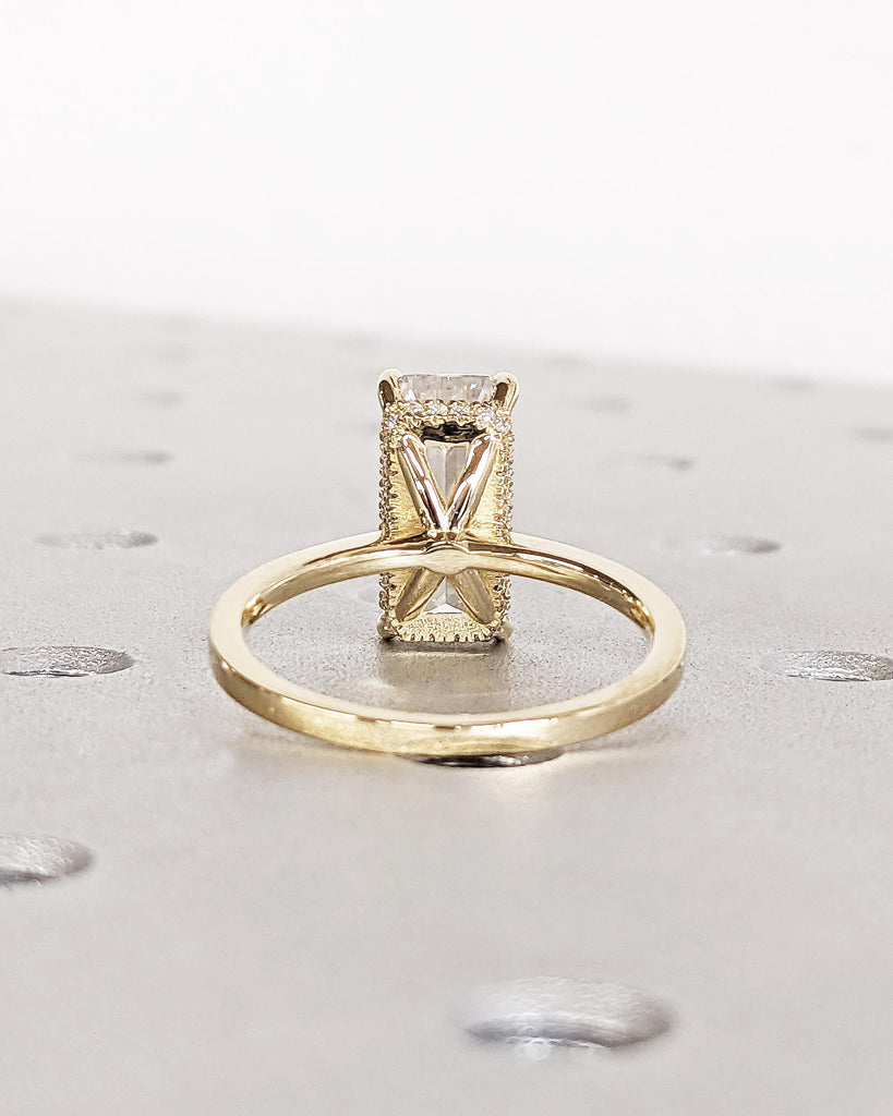 Hidden Halo 13X6 Elongated Emerald Cut Solitaire Engagement Ring, Emerald Cut Engagement Ring, 3 Ct Solid 14k Moissanite Engagement Ring