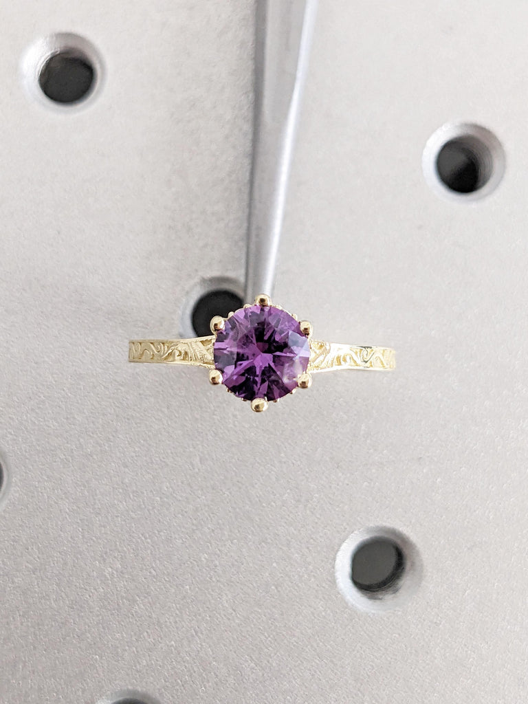 Round Lab Alexandrite Engagement Ring, 14k Yellow Gold Hidden Halo Ring, Vintage Alexandrite Ring, Art Deco Filigree Ring, Anniversary Gift