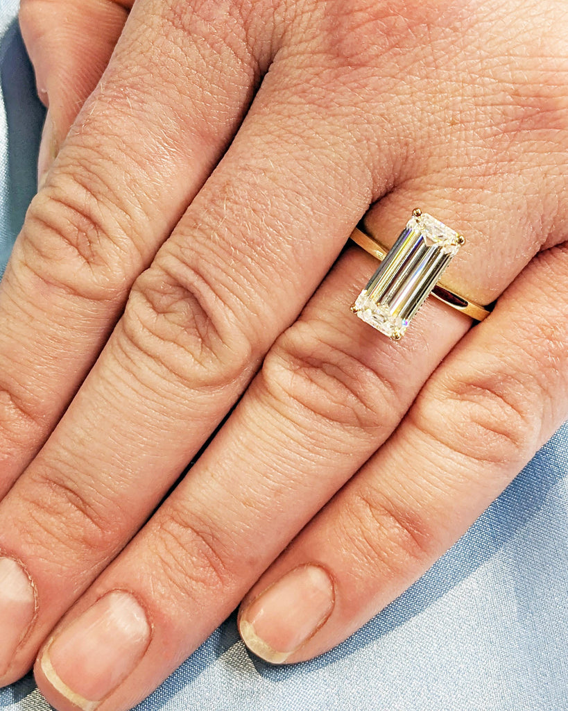 Hidden Halo 13X6 Elongated Emerald Cut Solitaire Engagement Ring, Emerald Cut Engagement Ring, 3 Ct Solid 14k Moissanite Engagement Ring