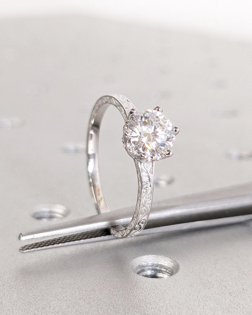 Vintage Engagement Ring Moissanite Engagement Ring Art Deco Hidden Halo Ring Prong Set Anniversary Unique Ring Carved Filigree Minimalist