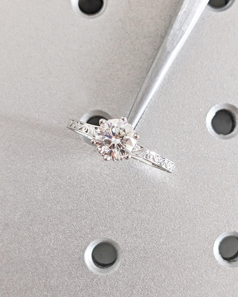 Vintage Engagement Ring Moissanite Engagement Ring Art Deco Hidden Halo Ring Prong Set Anniversary Unique Ring Carved Filigree Minimalist