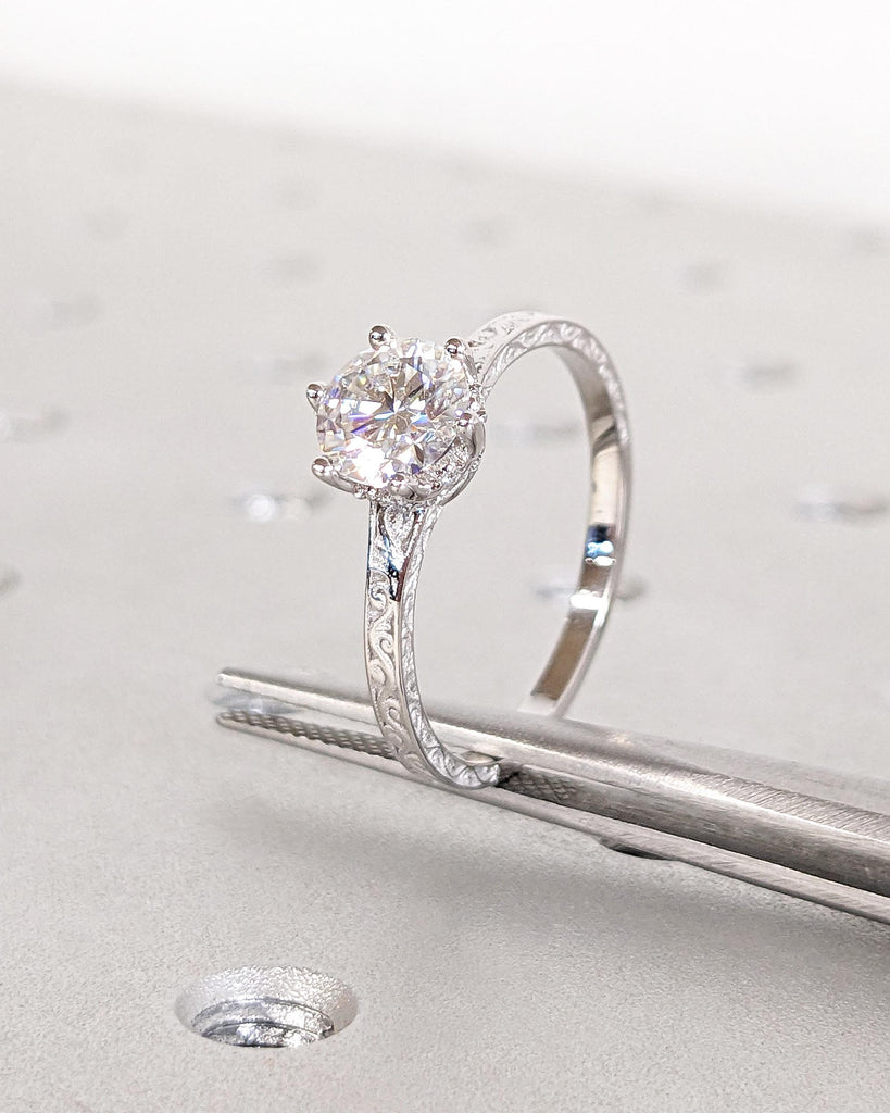 Vintage Engagement Ring Moissanite Engagement Ring Art Deco Hidden Halo Ring Prong Set Anniversary Unique Ring Carved Filigree Minimalist