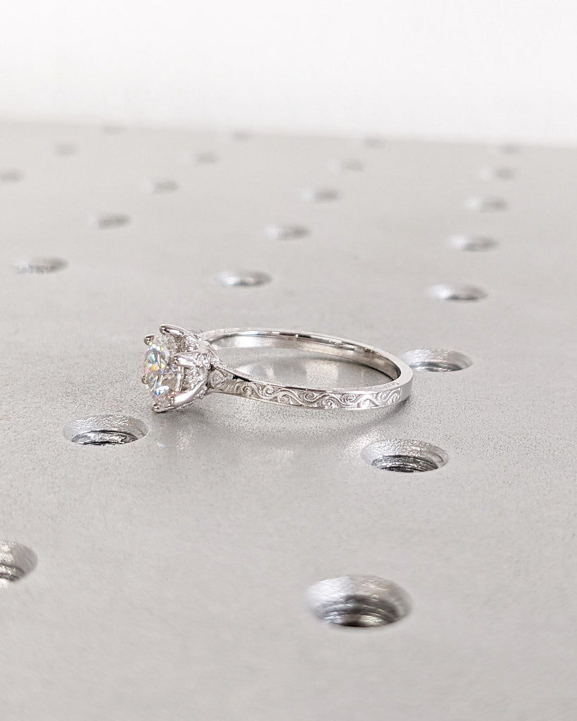 Vintage Engagement Ring Moissanite Engagement Ring Art Deco Hidden Halo Ring Prong Set Anniversary Unique Ring Carved Filigree Minimalist